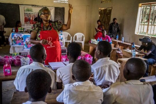 Activist Nyanzi in a school in Masaka, western Uganda, during the first outreach of the Pads for Girls campaign. Photograph: Frederic Noy