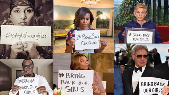 Celebrities holding #BringBackOurGirls signs: (L-R: Alicia Keys, Michelle Obama, Ellen Degeneres, Sean Combs, Queen Latifah and Harrison Ford)